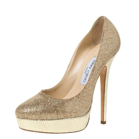 Jimmy Choo Gold Glitter Fabric And Embossed Leather Eros Platform Pump 38 - Picture 1 of 9